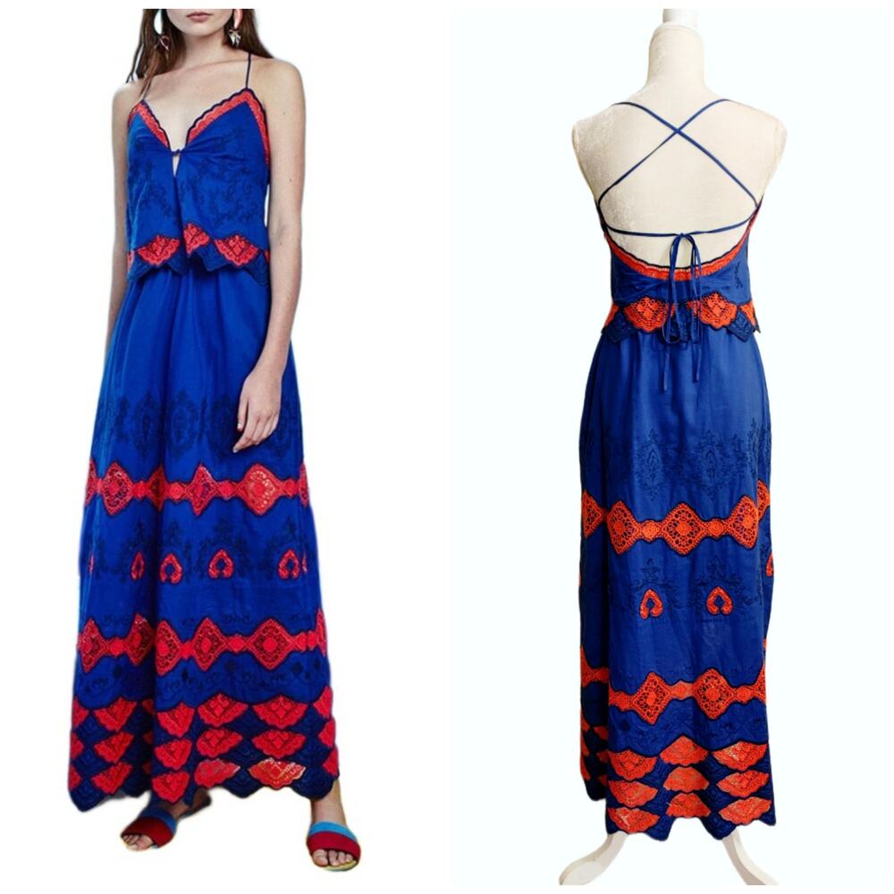 Tanya Taylor Phyllis Embroidered Cotton Voile Blue Red Maxi Dress $495 Size 0